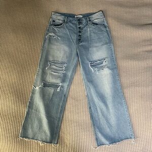 Kancan Women's Light Blue wide leg Distressed Jeans